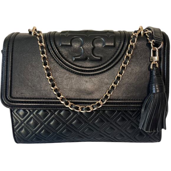 Tory Burch Fleming Leather Convertible Shoulder Bag Crossbody Black Quilted - Picture 1 of 9